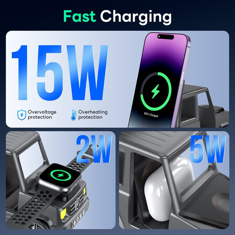 6-In-1 Wireless Charger Station with Bluetooth Speaker & Alarm Clock – Stylish Home Décor & Functional Tech