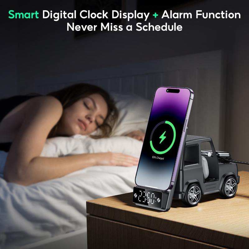 6-In-1 Wireless Charger Station with Bluetooth Speaker & Alarm Clock – Stylish Home Décor & Functional Tech