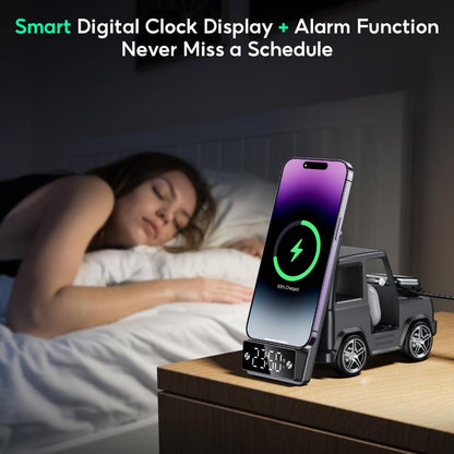 6-In-1 Wireless Charger Station with Bluetooth Speaker & Alarm Clock – Stylish Home Décor & Functional Tech