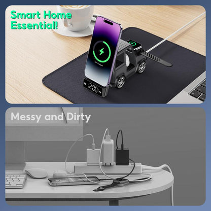 6-In-1 Wireless Charger Station with Bluetooth Speaker & Alarm Clock – Stylish Home Décor & Functional Tech