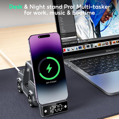 6-In-1 Wireless Charger Station with Bluetooth Speaker & Alarm Clock – Stylish Home Décor & Functional Tech